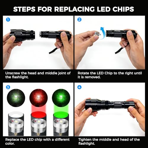 Image of VASTFIRE Predator Light with Interchangeable (Red, Green, White) LED Hunting Flashlight with Scope Mount for Hog Coyote Coon Bobcat Raccoon Varmint Rabbit Night Hunting