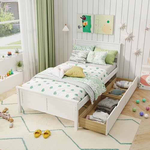 KOMFOTT Twin Size Wood Bed Frame with 2 Storage Drawers, Mid Century Platform Bed Frame with Headboard, Sturdy Wooden Slats Support, Modern Mattress Foundation, No Box Spring Required, Easy Assembly