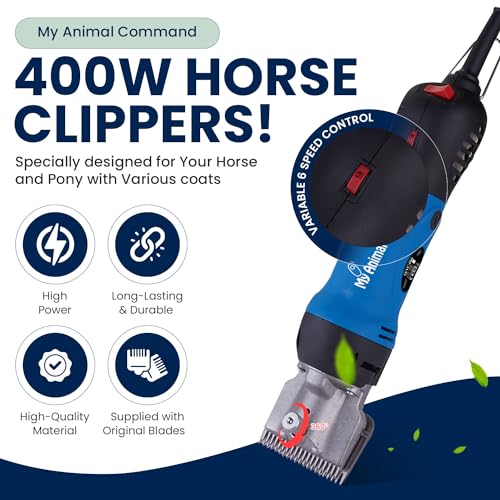 Image of My Animal Command Professional Horse Clippers Kit Heavy Duty 110V 400W | 6 Speeds, comes with 2 Blades, Thick Coats, Ponies, Equine, Pigs, Cattle, Livestock, cool running replaceable blades