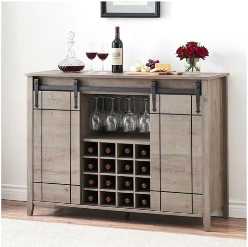 Farmhouse Coffee Bar Cabinet with Sliding Barn Door – 16-Bottle W...