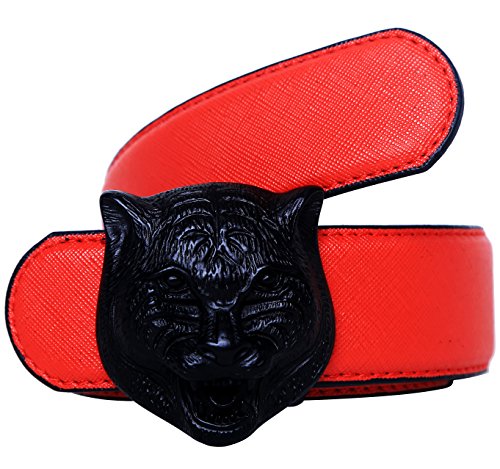 Men's Big Tiger Buckle 38-mm Italian Leather Belt (120cm/47.3inch (42-44), Red Black)