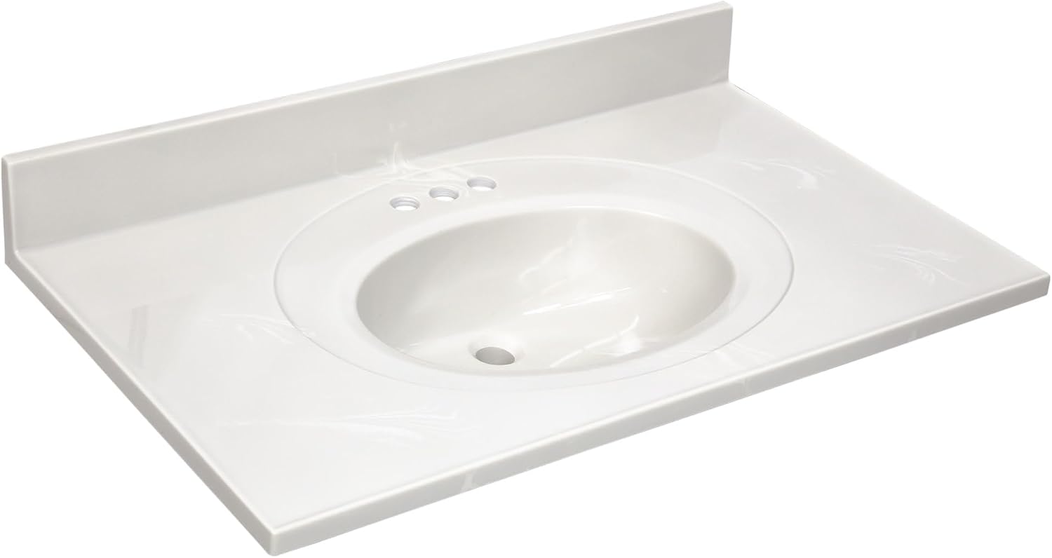Pemberly Row Cultured Marble Vanity Top, 37" x 22", White on White Ivory Swirl Finish, Integrated Oval Sink with Overflow, Pre-Drilled 4-Inch Centerset, 4-Inch Backsplash, Durable Easy-Clean Bathroom
