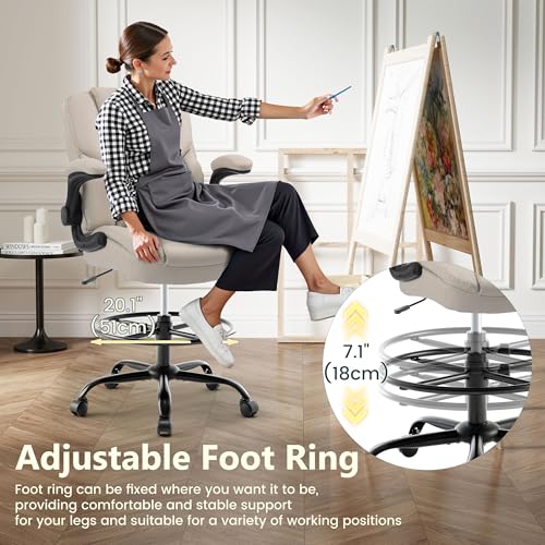 Image of Drafting Chair 500Lbs, Tall Office Chair for Standing Desk, High PU Leather Executive Office Chair with Flip-up Armrests, Ergonomic High Chair with Adjustable Foot Ring, Comfy Stool Chairs, Beige
