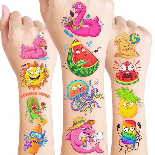 Image of 96 PCS Derpy Summer Temporary Tattoos for Kids | Funny Weird Tropical Waterproof Fake Tattoo Stickers, Silly Beach Birthday Party Favors, School Rewards Gifts for Boys Girls