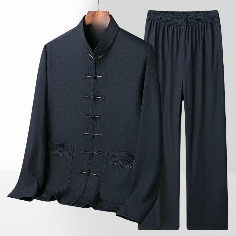 Men's Spring/Summer Chinese Style Ice Silk Long Sleeve Two-Piece Hanfu Thin Tang Suit Set2