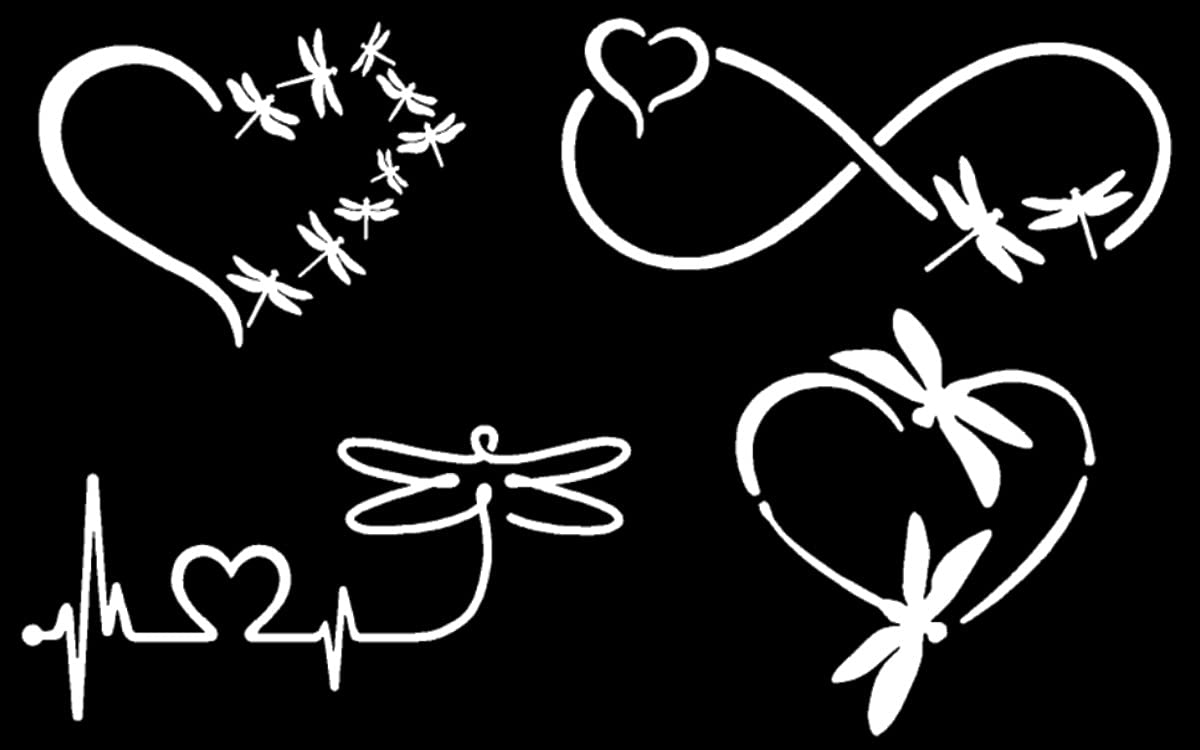 Dragonfly Decals 4 Pack: Hearts, Heartbeat, Infinity Dragonflies (White, Small 3.5")