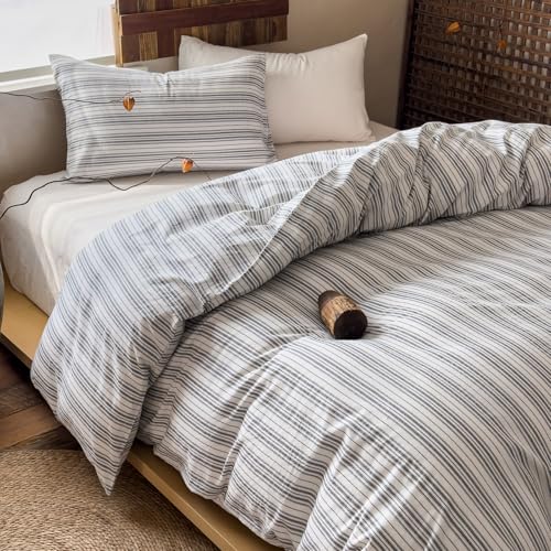Image of EAVD Retro Grey White Striped Duvet Cover Queen Soft 100% Washed Cotton Reversible Striped Bedding Set with 2 Pillowcases Farmhouse Geometric Pattern Duvet Cover with Zipper Closure