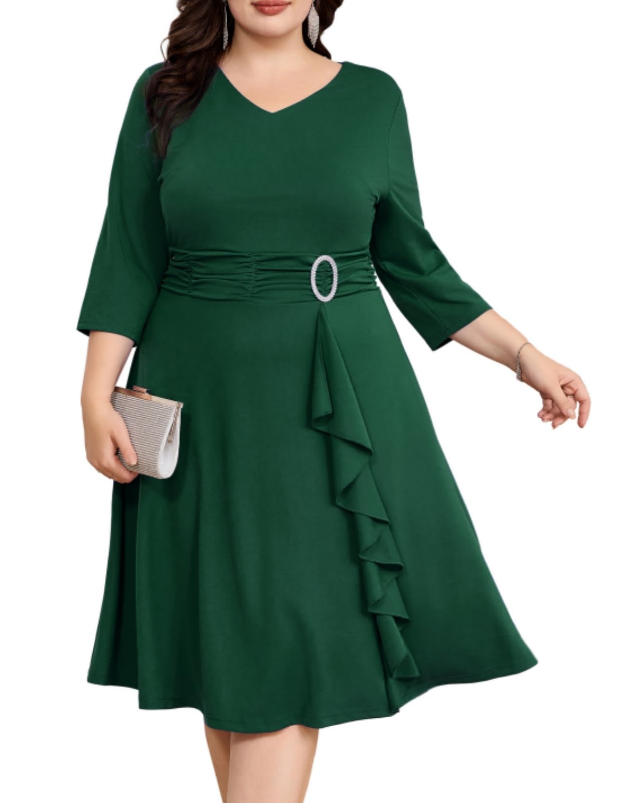 Hanna Nikole Vestido de cóctel vintage para mujer, tallas grandes, manga 3/4, con volantes, línea A, vestido de fiesta