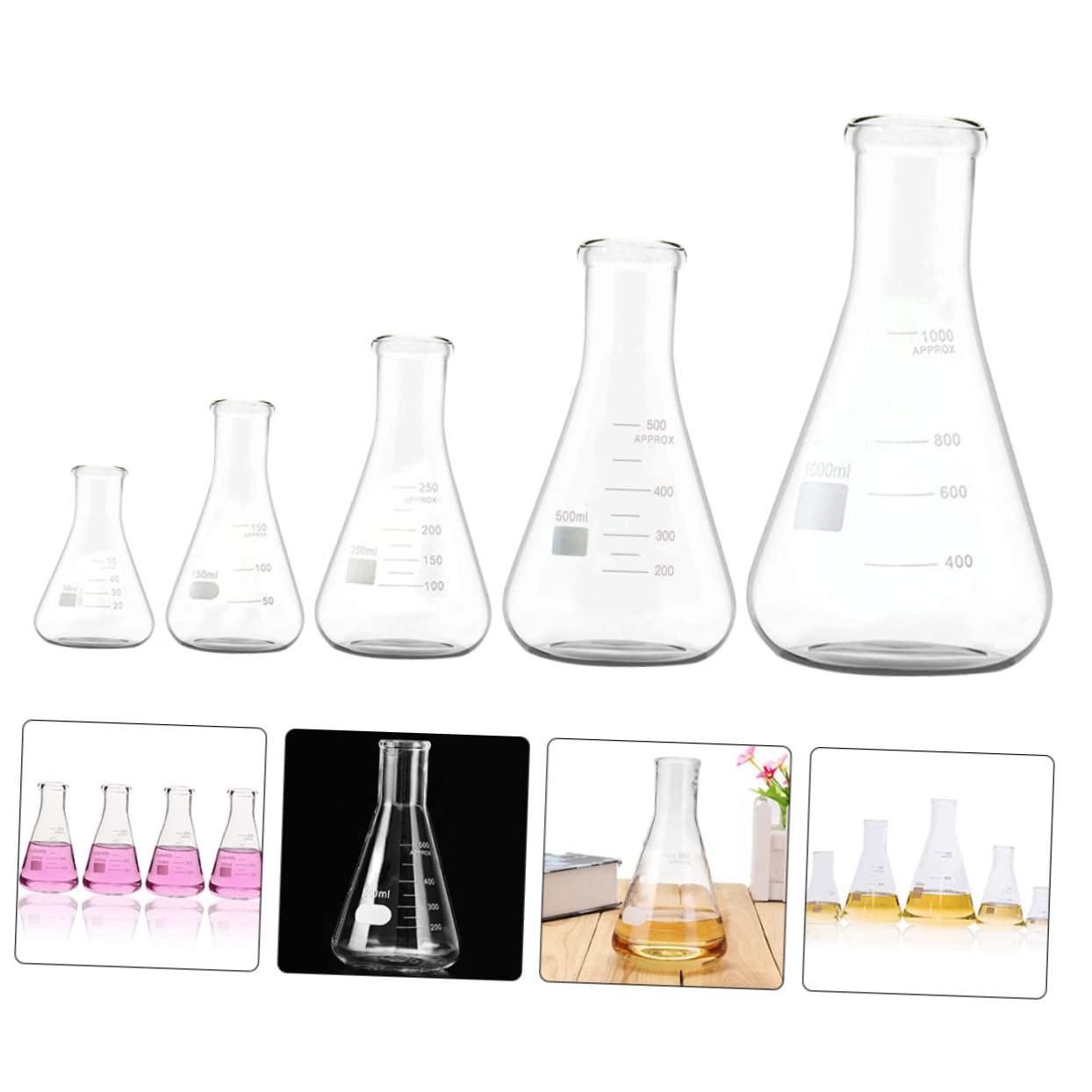 SOLUSTRE Matraz Erlenmeyer de Vidrio de Borosilicato, 5 Unidades | Cuello Ancho y Base Plana, 50ml a 1000ml, Graduaciones Estándar y Área de Marcado Amplia