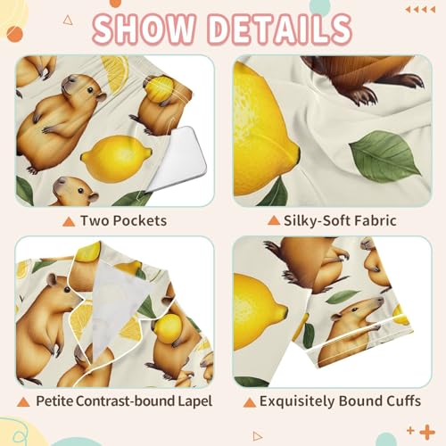 Satin Pajama Sets Short Sleeve Capybara Lemon Button Down Silky Nightwear 2 Piece PJS 5-14Y 6
