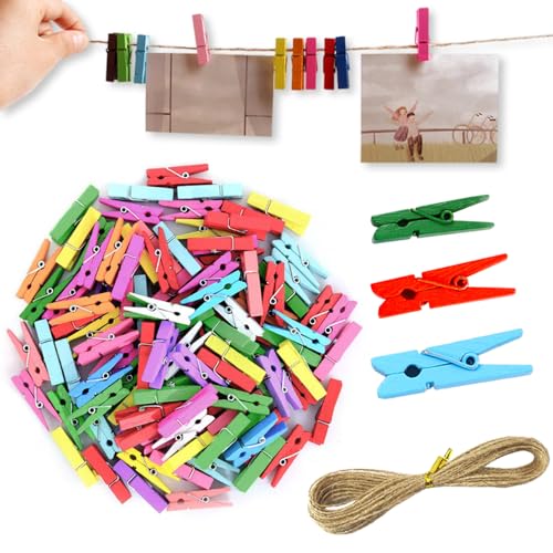 XFentech Lot de 150 Mini Pince à Linge Coloré - 2,5/3/3,5 cm Pince à Linge en Bois Clips Photo Pinces Décoratives avec 10M Corde de Jute pour Bricolage...