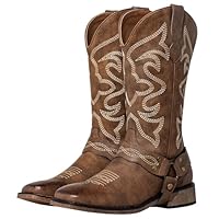 WrangWalker Wide Calf Cowboy Boots for Women with Buckle Strap - Lightweight Square Toe Western Cowgirl Boots with Cushion Insole, Brown US 9