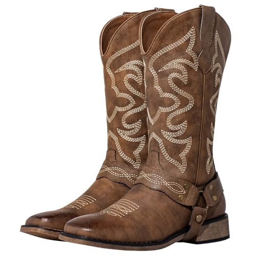 Image of WrangWalker Wide Calf Cowboy Boots for Women with Buckle Strap - Lightweight Square Toe Western Cowgirl Boots with Cushion Insole, Brown US 9