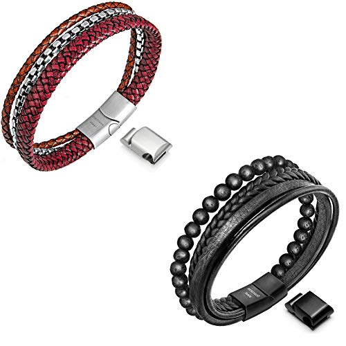 Speroto Mens Bracelets,Red steel bracelets and carbon black bead leather bracelets for men in 7.5inch