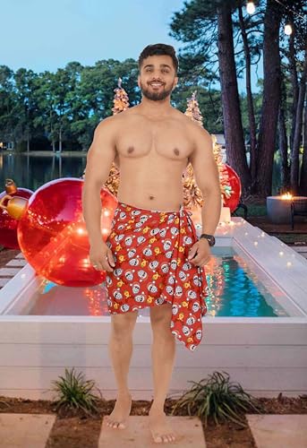 HAPPY BAY Men's Christmas Tree Swimwear Beach Gifts Pareo Swim Trunk Vacation Holiday Xmas Party Beachwear Short Sarong for Men One Size Red, Santa2