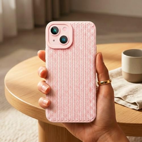 Image of amazon basics Luxury 3D Knitted Texture Soft Silicone Back Cover for iPhone 14 | Slim Fit Shockproof Case with Camera Protection & Non-Slip Grip - Pink
