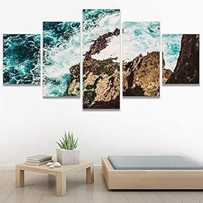 SIGNWIN 5 Panel Canvas Wall Art Beach Blue...