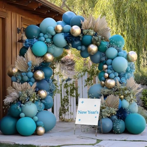 Image of Teal Blue Gold Balloons Double Stuffed Latex Dusty Blue Turquoise Balloon Different Sizes Teal Gold Balloon Garland for Birthday Wedding New Year Anniversary Baby Shower Ocean Party Decor