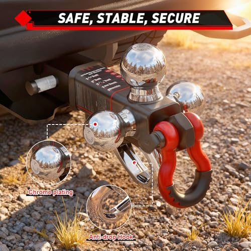 Image of TYT Tri Ball Mount Trailer Hitch ，Fits 2 inch Receiver, Triple Balls (1-7 /8 inch, 2 inch, 2-5 /16 inch) with Tow Hook & Shackle,10,000lbs GTW,1,000 lbs Tongue Weight, Includes Hitch Pin Lock