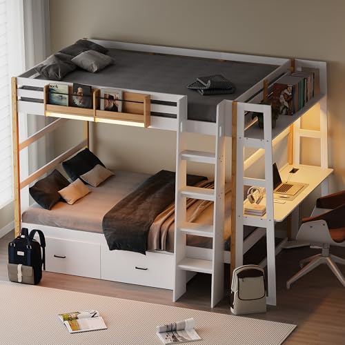 Kikihouse Wooden Twin Over Twin Bunk Bed with Desk, Charging Station and LED Lights, Convertible Solid Wood Frame with Ladders and Two Storage Drawers, Sturdy Wood Bunk Bed for Kids, Space-Saving