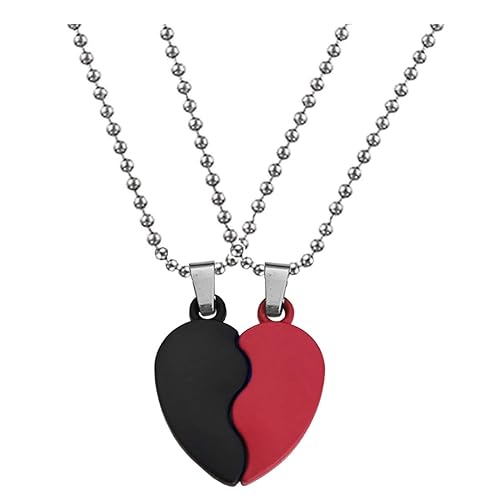 Sullery Valentine Gift Broken Heart Matching Couple Pendant Locket with 2 Chain His and Her Black and Red Zinc Metal Heart Pendant Necklace Chain for Men and Women