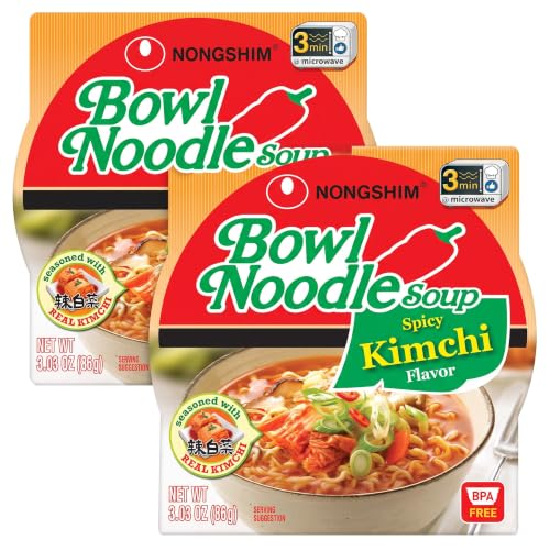 Nongshim Ramen Noodles, Gourmet Instant Ramen bowl, Premium Microwavable Noodle Soup, Kimchi, 3.03 Ounce (Pack of 2)