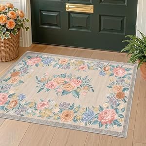 Beige Washable 2x3 Entry Rug, Floral Soft Non Skid Small Indoor Door Mat – Pastel Flower Spring Kitchen Rugs, Low Pile Rose Rug for Bathroom Bedroom, Cottage Stain Resistant Entryway Throw C