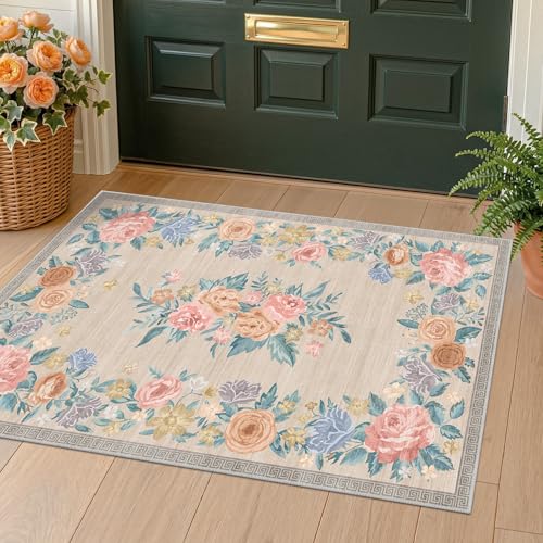 Evyhood-US Beige Washable 2x3 Entry Rug, Floral Soft Non Skid Small Indoor Door Mat – Pastel Flower Spring Kitchen Rugs, Low Pile Rose Rug for Bathroom Bedroom, Cottage Stain Resistant Entryway Throw C