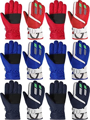 6 Pairs Waterproof Kids Ski Snow Gloves Winter Warm Children Snowboard Mittens Windproof Thermal Outdoor Sports Gloves With Adjustable Buckle For Boys Girls (Blue, Navy Blue, Red) #TOP29