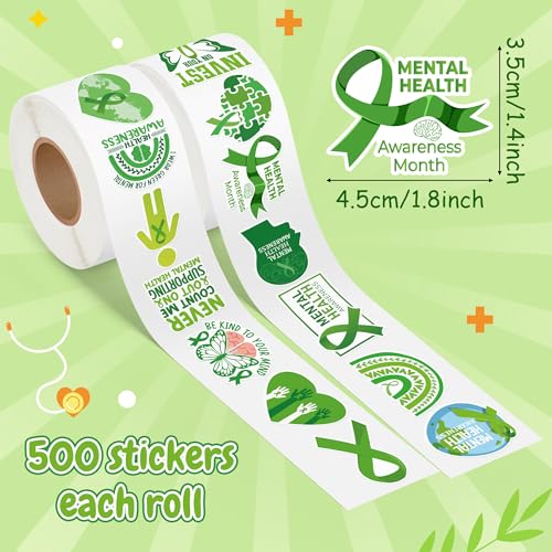 Image of Mental Health Awareness Stickers - 1000 Pcs Green Ribbon Mental Health Awareness Month Waterproof Vinyl Reusable Laptop Stickers Coloring Scrapbook Water Bottle Page Activity Pad Party Favors