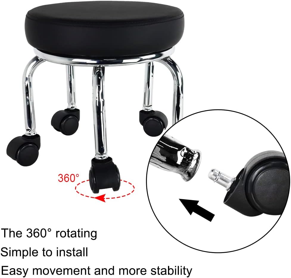 WKWKER Modern Roller Seat PU Leather Low Round Rolling Stool 360° Swivel Small Low Seat with Universal Caster Wheels Foot Stool for Home Office Garage Shop Fitness Sport H：12.4" （Black）