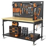 CAMMOO 48' Heavy Duty Work Bench Adjustable Height Max Load 2000 LBS with Storage Shelf for Garage Workbench, Rubberwood Tabletop with Pegboard, LED Light, Built-in Power Strip for Woodworking Shop