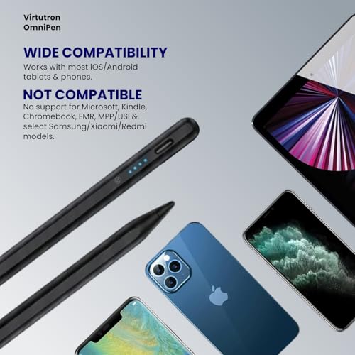 Image of Virtutron Universal Stylus Pen with Type-C Charging | Rechargeable Touch Pen | Non-Bluetooth High Precision Digital Pencil for iPhone, iPad, Samsung, Android Tablets & Touchscreen Devices (Black)