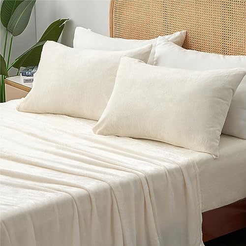 Image of BEDELITE Flannel Sheets Twin XL Size 3Pcs, Ultra Soft and Warm Plush Fleece Sheets Set for Dorm Room Essentials, Include Fitted Sheet, Flat Sheet, and 1 Pillowcase (White)