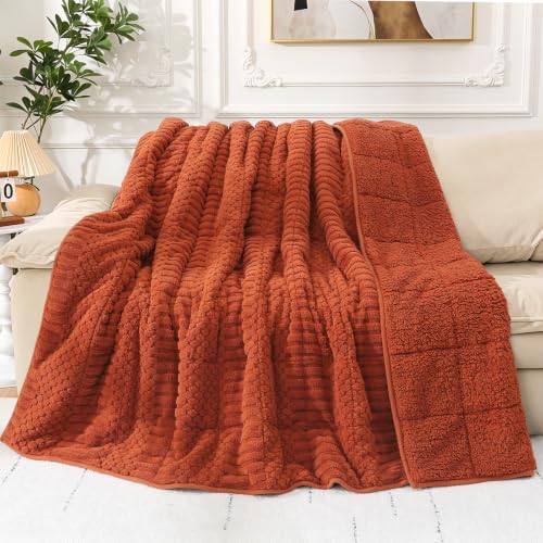 Image of Cottonblue Sherpa Fleece Weighted Blanket 15 lbs for Adults Queen Size, Soft Fuzzy Jacquard Weighted Blankets Throw 60 inch x 80 inch for Sleep Relax, Cozy Warm Knitted Heavy Blanket for Bed Sofa, Orange