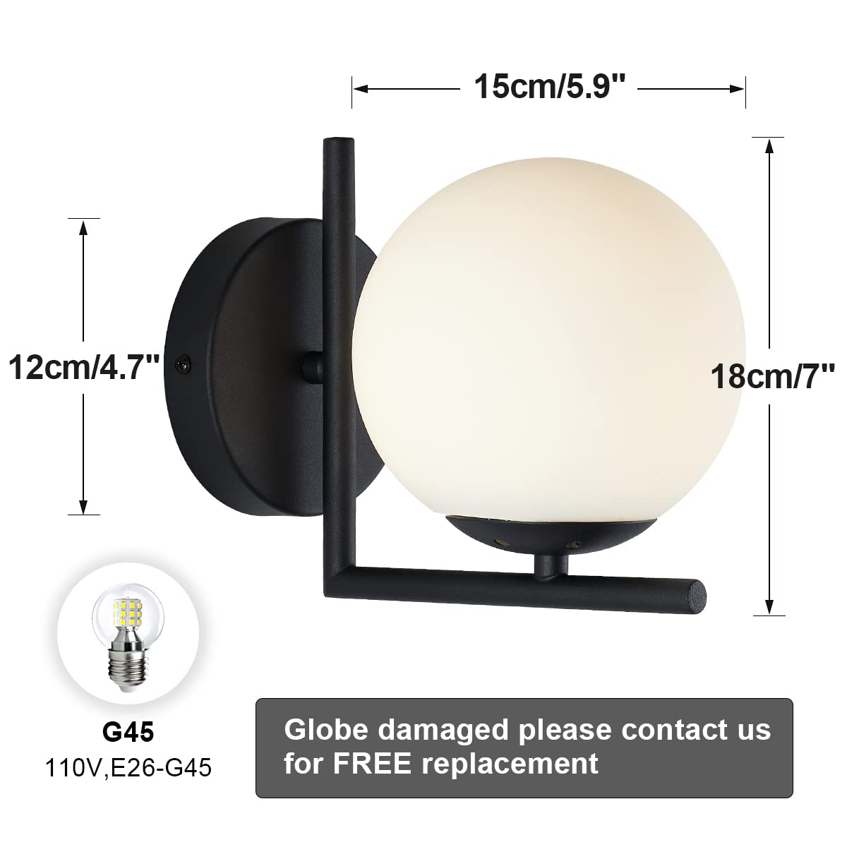 BOKT Glass Globe Wall Sconces Gold Wall Mounted Light 1 Light Mid Century Modern Industrial Wall Light (Black)