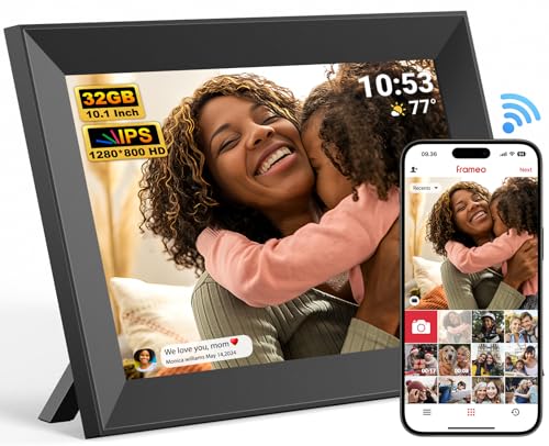 Frameo 10,1 Zoll Digitaler Bilderrahmen WLAN 32GB Digitaler Fotorahmen 1280 x 800P IPS-Touchscreen Smart Cloud-Fotorahmen Mit Automatische Rotation, Teilen Sie Fotos/Videos (Schwarz)
