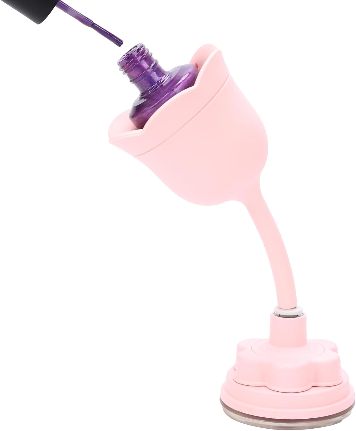 Nail Polish Bottle Holder, Rose-Shaped with 360° Rotating Stem, Tilted for No-Spill, Strong Suction Cup, All-Bottle Fit (Pink)