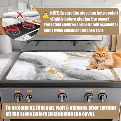 Image of White Marble Stove Top Covers for Electric Stove, Electric Gas Stove Pad Heat Resistant Range Cooktop Protector for Home Decor Kitchen 28 inchx20 inch
