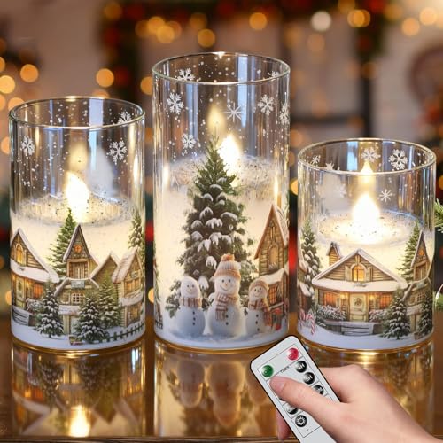 Image of Wondise Chrismtas Snowman Glass Flameless Candles with Remote Timer, Battery Operated Real Wax LED Flickering Pillar Candles with Christmas Tree Decal for Christmas Decoration