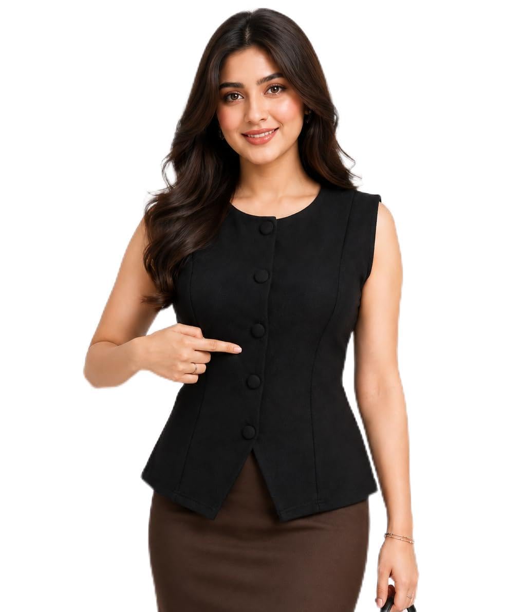 Women's Sleeveless Peplum Top, Black, 75% Cotton 25% Nylon, Front Button, for Office and Casual Wear-image-2
