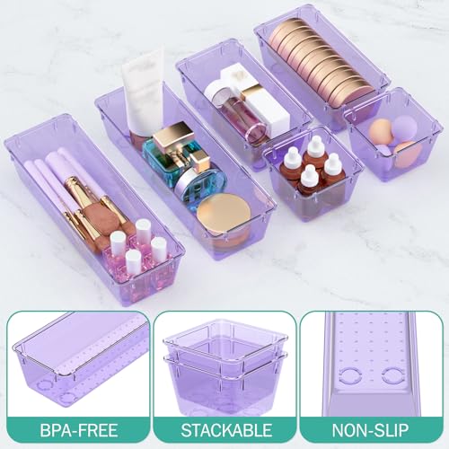 Image of WOWBOX 12 Pack Clear Drawer Organizer Set, Acrylic Drawer Storage Trays, Storage Bins for Makeup, Cosmetics, Jewelries, Utensils, Gadgets, Office, Purple