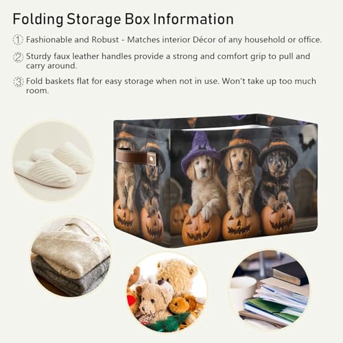 Image of Aslsiy Storage Basket Puppies Witch Hat Pumpkin Halloween Nursery Bins Baby Box Canvas Clothes Shelf Basket Laundry Hampers 2 Pcs