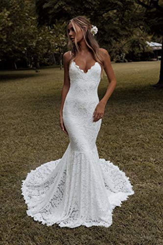 Mermaid Wedding Dresses for Bride Spaghetti Straps Backless Beach Lace Bridal Gowns with Train2