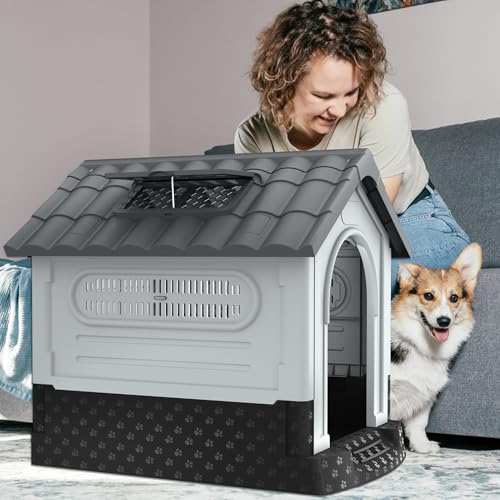 Aufun Haustierhütte Kunststoff Outdoor, Wasserabweisend isoliert Hundehaus Unterschlupf, obuste Hundehütte mit Lüftungsgitter und erhöhtem Boden, Oberlicht,Für draußen und drinnen,79.5x70.5x78cm, Grau