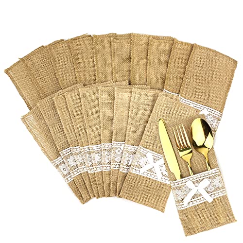 SHANMEI Jute Bestecktasche, 20 Stück Spitze Besteckbeutel Set, Vintage Besteck Sackleinen Besteckhalter für Hochzeitsdeko, Geburtstag Party, Tisch Dekoration Cover