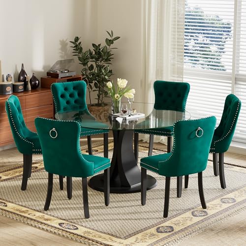 Image of 7-Piece Dining Table Set with 47In Tempered Glass Table and 6 Velvet Upholstered Chairs, Modern Scandinavian Furniture for Dining Room Kitchen(Green)