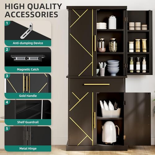 DWVO 72" Kitchen Pantry Storage Cabinet, Tall Modern Food Buffet Cabinets with Drawer & Adjustable Shelves & Door Rack, Freestanding Wood Storage Cupboard for Dining Room, Living Room, Bathroom, Black