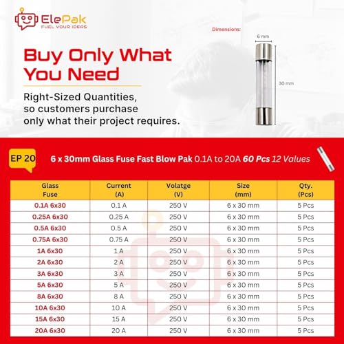 Image of 6x30mm Glass Tube Fast Blow Fuse, 60 Pcs, 0.1A to 20A, 250V AC