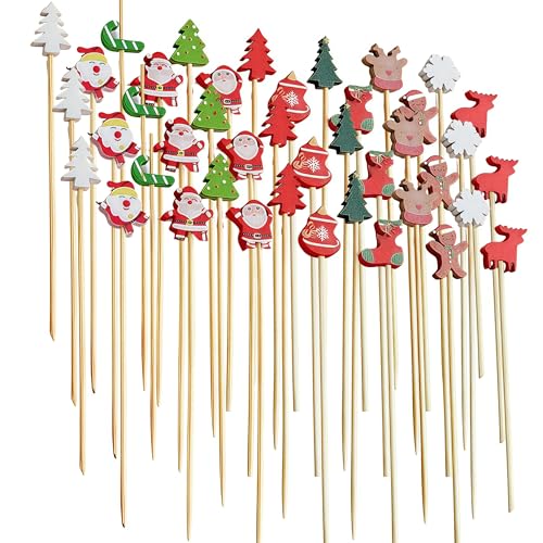 100PCS Christmas Cocktail Toothpicks, Handmade Bamboo Fruit Skewers with Santa, Christmas Tree, Stocking & Gingerbread Man Designs, 12cm Appetizer Picks for Party Decorations & Holiday Snacks